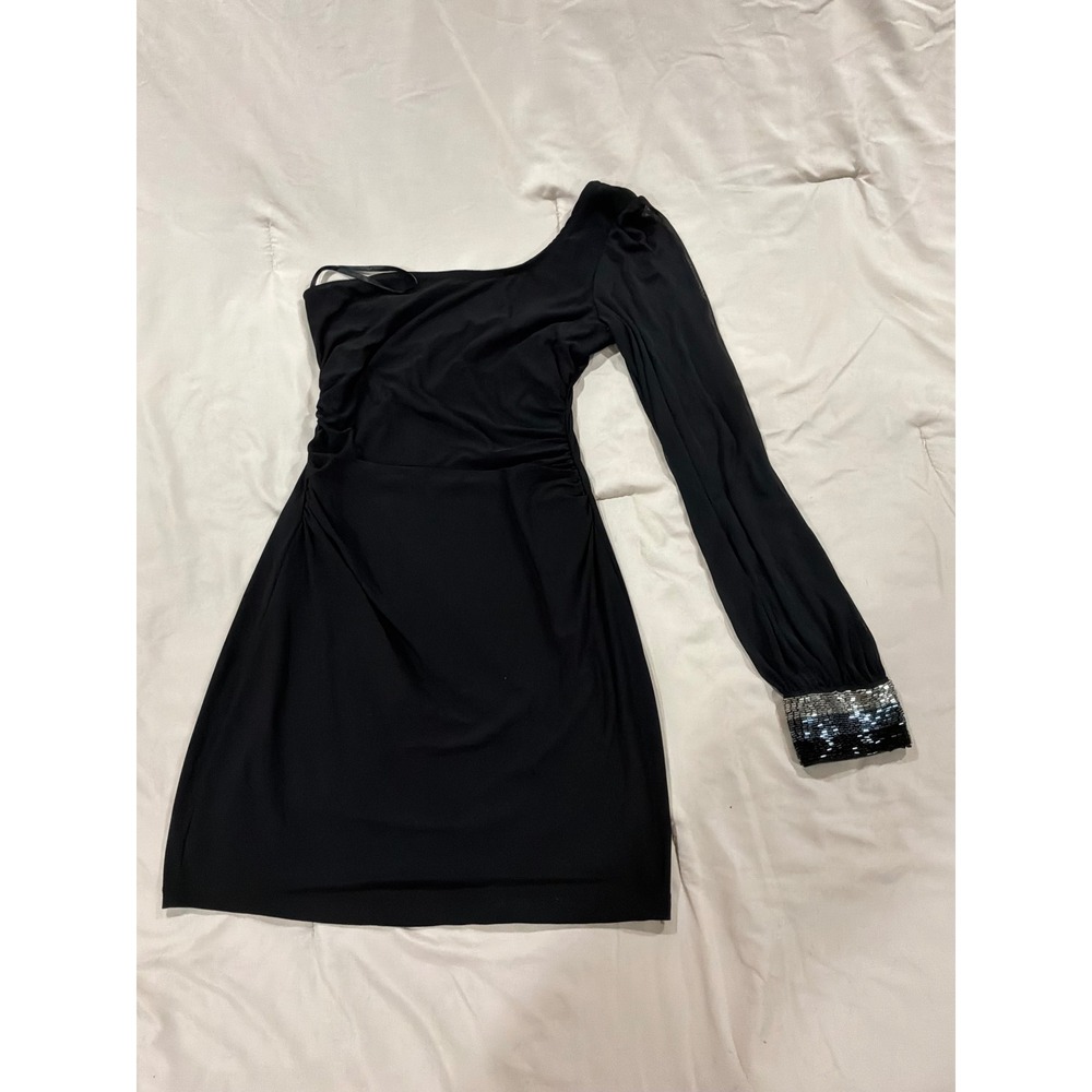 Deb Womens One Shoulder Mesh Sleeve Sequin Bodycon Mini prom club Dress Black XL